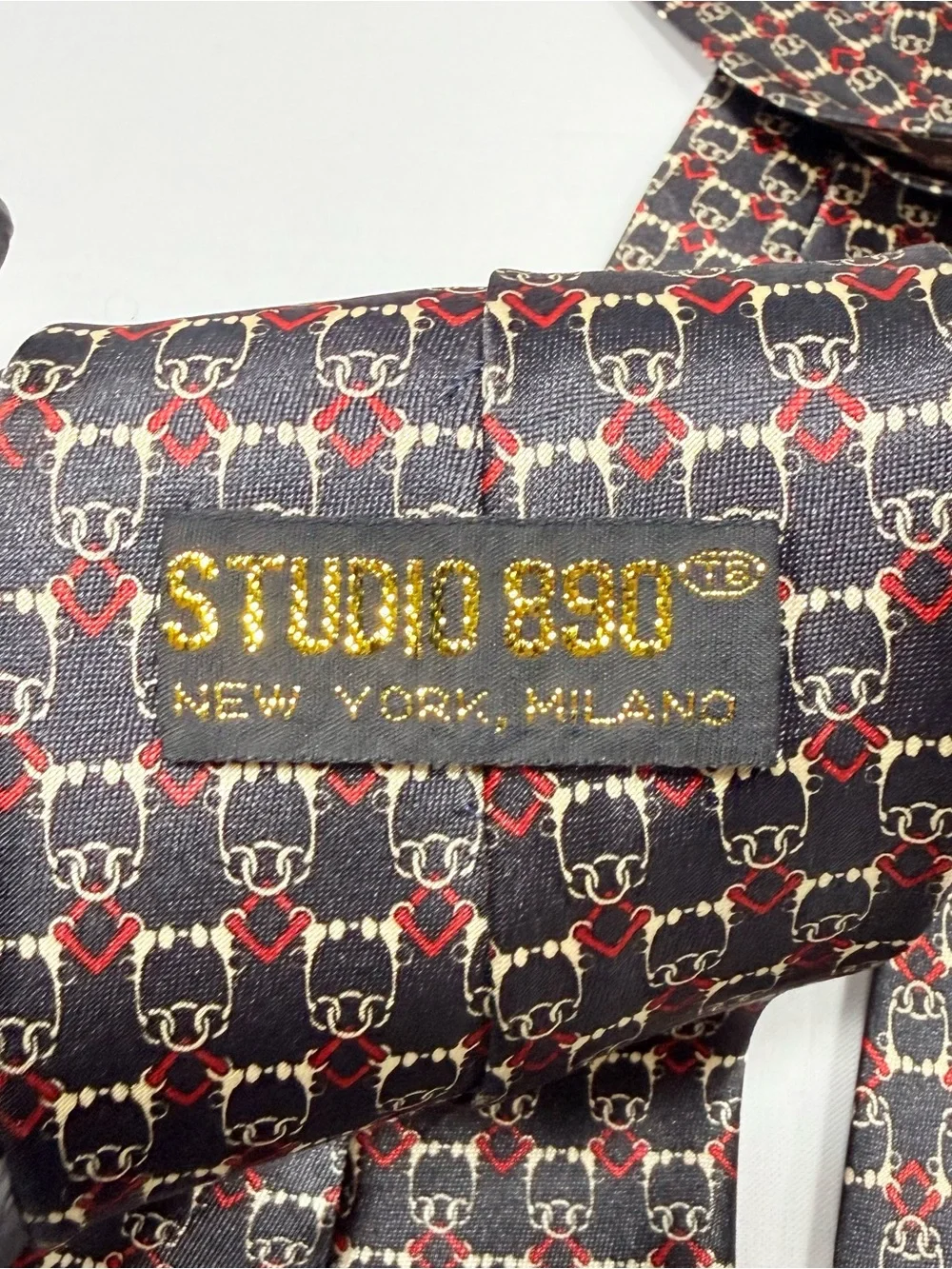 Vintage Studio 890 Navy Silk Chain Ring Print Necktie New York Milano